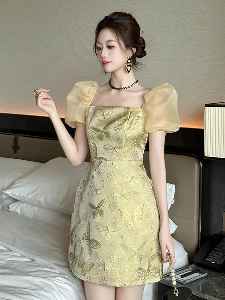 New Summer Sparkly Gold Butterfly Print Gown Evening Dress Women Clothes  Elegant Puff Sleeve Slim Short Party Club Prom Vestidos - AliExpress  200000345