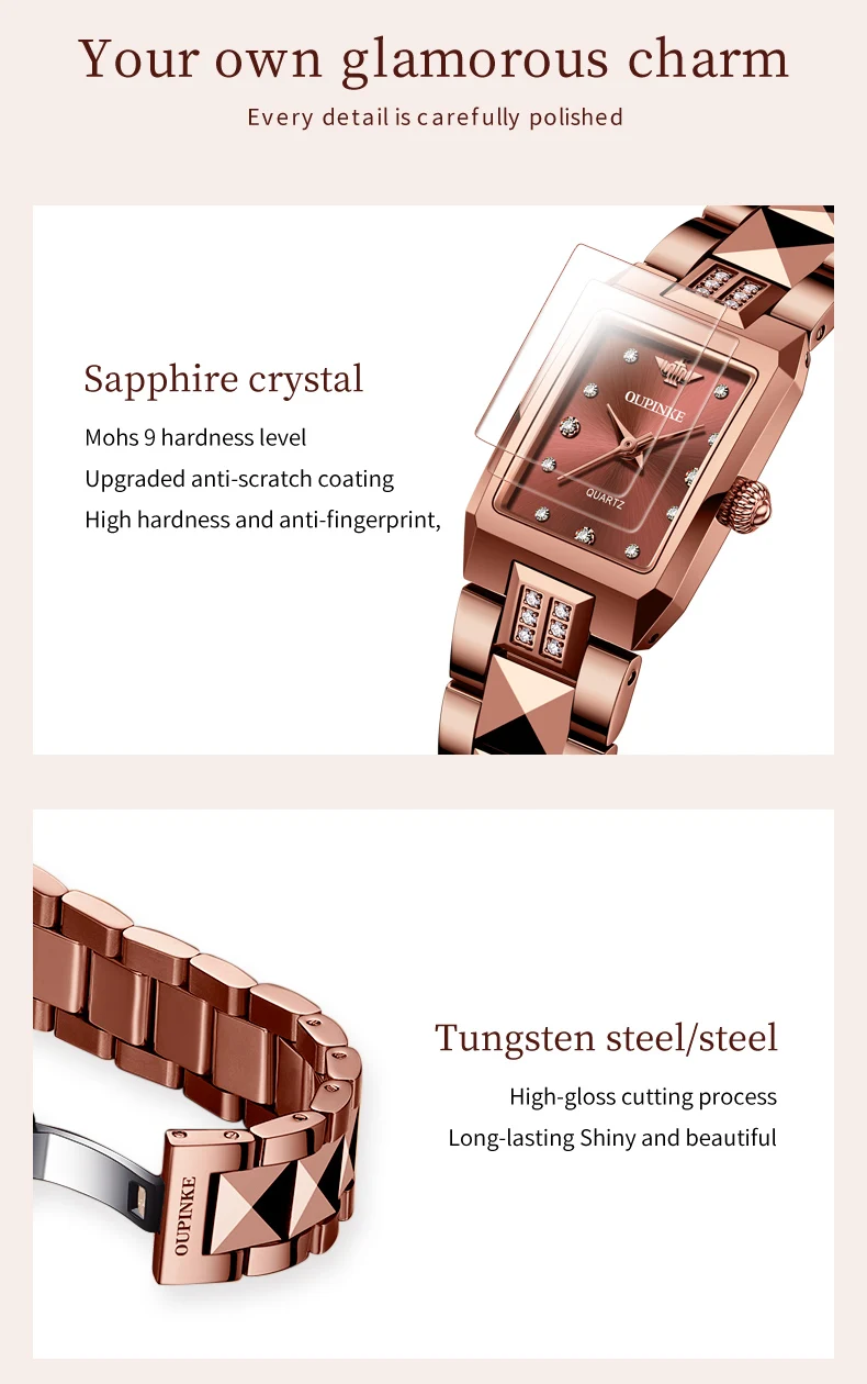OUPINKE Gold Tungsten steel Women's Watches Quartz Imported Movement Sapphire Mirror Waterproof Quartz Watch for Women Elegant