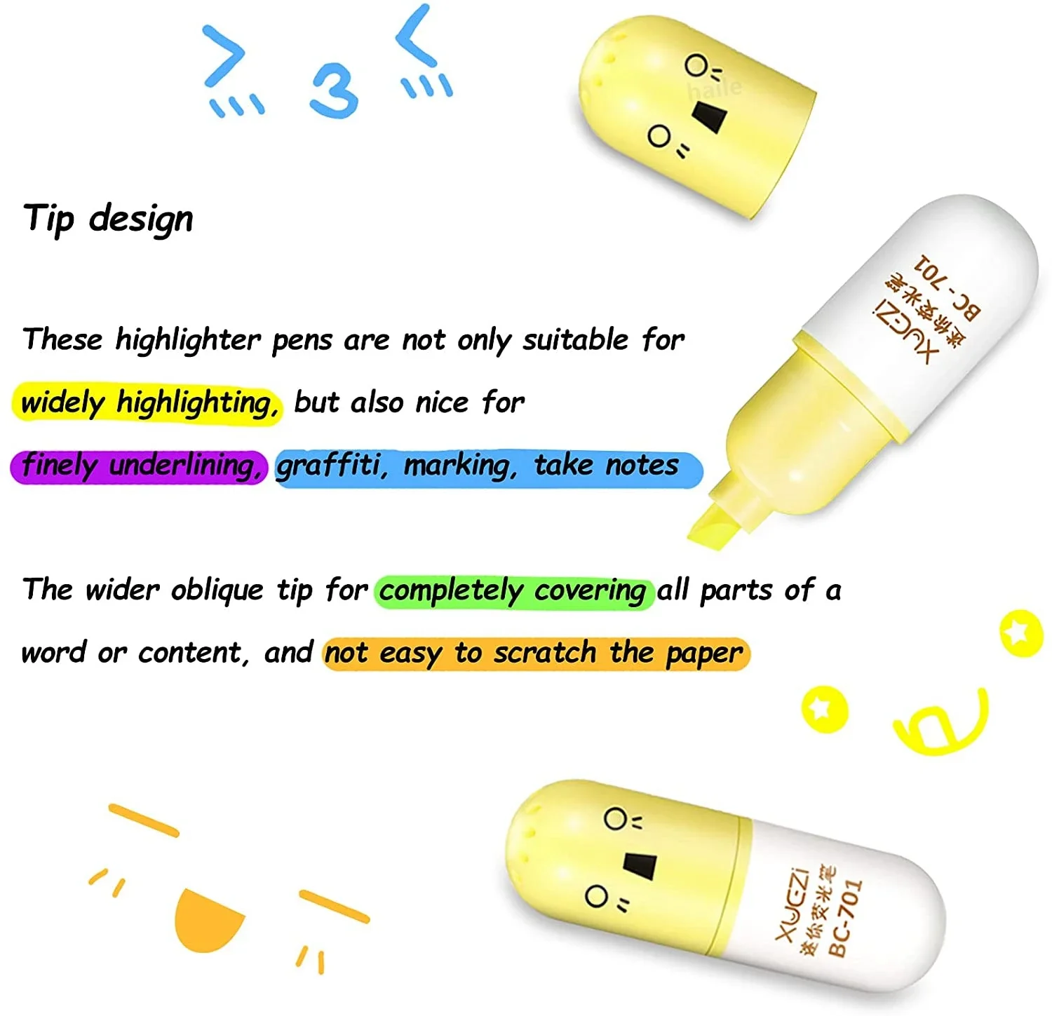 Highlighter Pen 6Pcs Kawaii Mini Pills Set Cute Funny Smiling Face Fluorescent Marker School Office Art Stationery Supplie