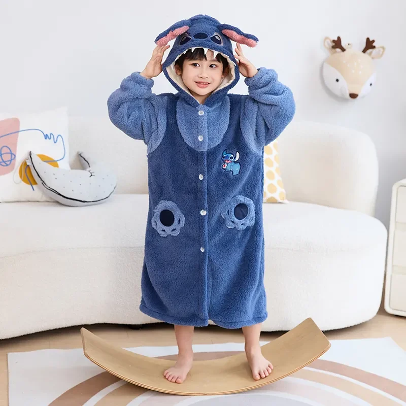 Angel and Stitch Hooded Pajamas Baby Boy Girls New Autumn Winter Children Thickened Warm Coral Fleece Robe Nightgown Clothing
