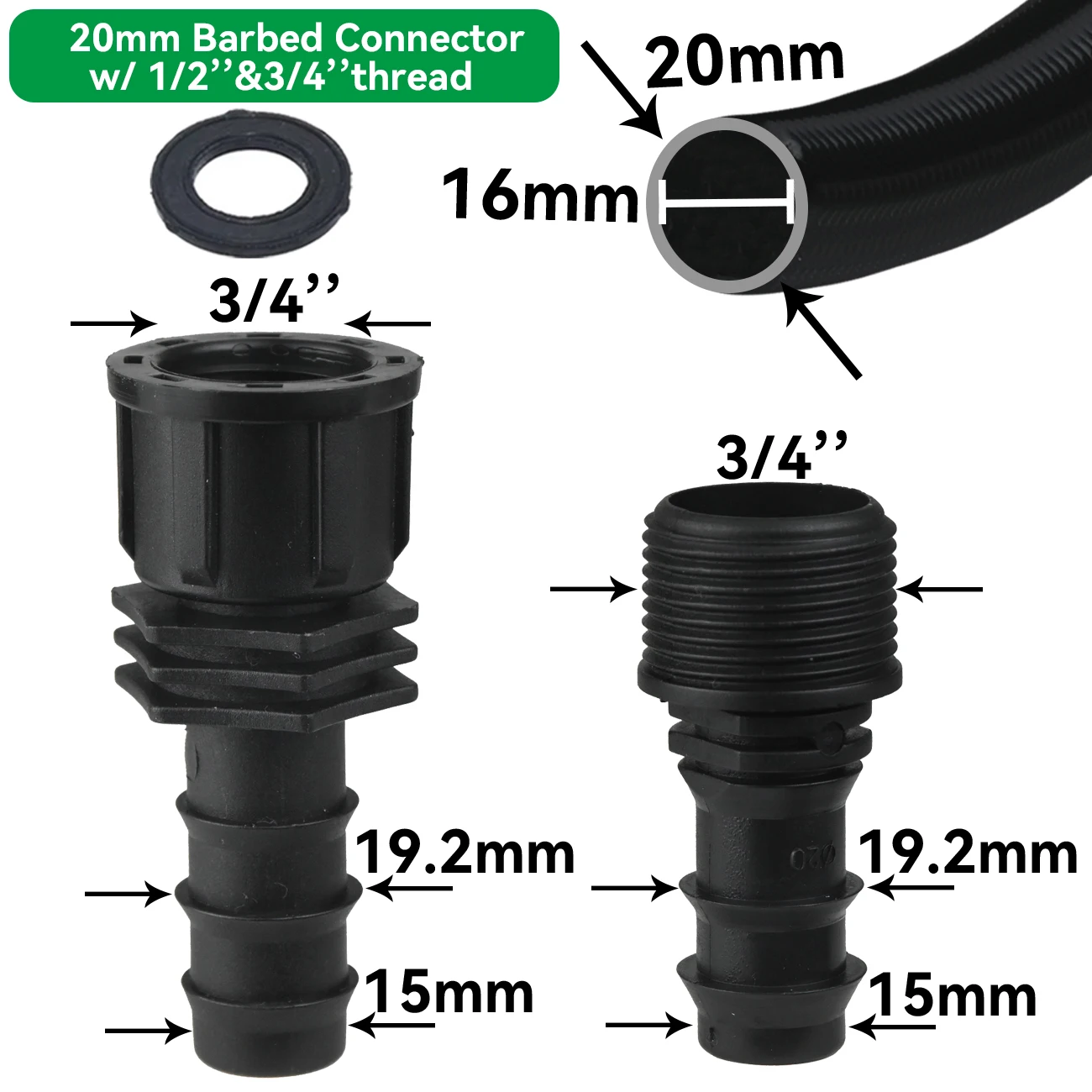 Garden Drip Irrigation Watering System 16mm 20mm 25mm PE Hose Adapter Barb Tee Elbow To 1/2" 3/4" Male Female Thread Connector 3