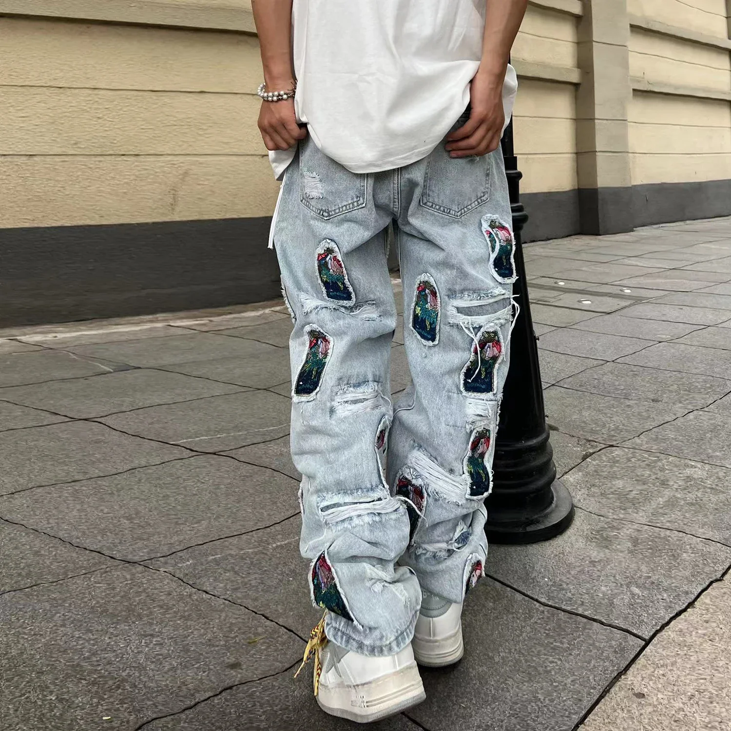 

Джинсы мужские Плиссированные в стиле ретро с вышивкой, уличная одежда, потертые прямые рваные джинсы в стиле пэчворк, мешковатые брюки в стиле хип-хоп