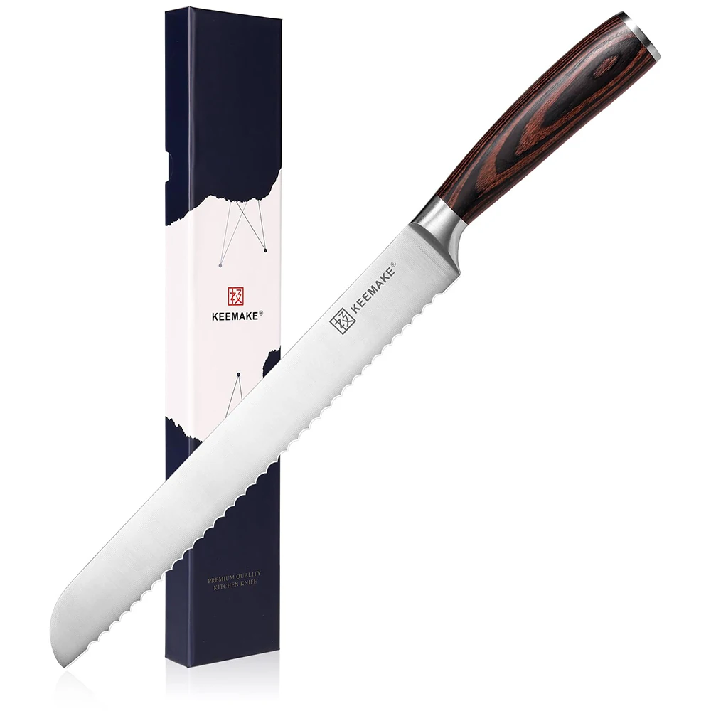

KEEMAKE 10 Inch Bread Cake Knife Serrated High Carbon Stainless Steel Table Meat Cutting Knife Kitchen Tools Pakkawood Handle