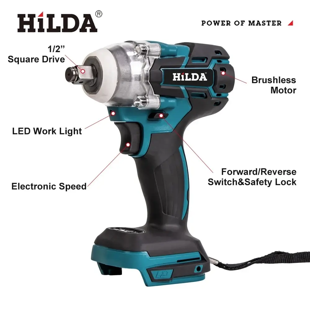 HILDA 18V Cordless Impact Wrench Brushless High Torque Impact 1/2 Inch Car Wrench Power Tools 3