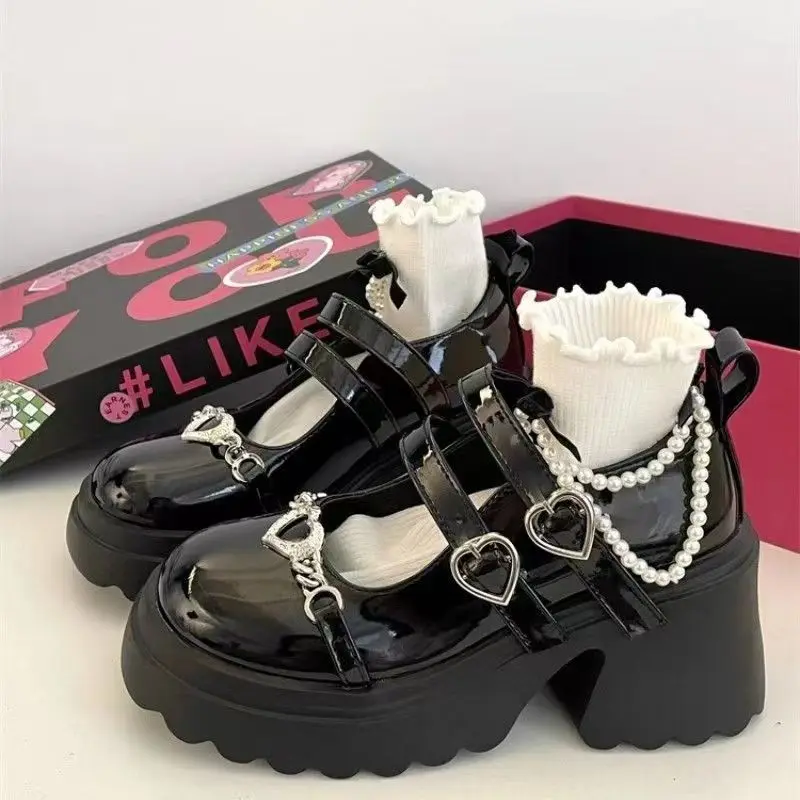 Black Leather Shoes Spring and Autumn Season Metal Chain Sponge Cake Sole Mary Jane Shoes Women's Patent Leather Gothic Style 5