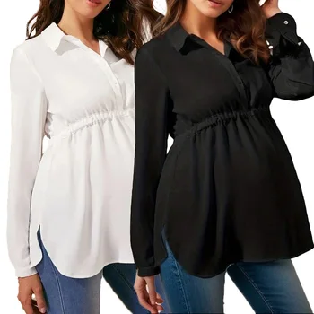 Maternity Clothes Pure Color Loose Breathable Comfort Shirt Elegant Simple Stylish Top for Pregnant Women Blouse