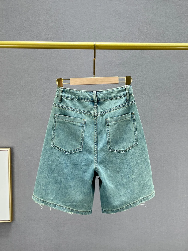 Exquisite Rhinestone Denim Shorts Women's Trousers 2024 New Summer High Waist Loose And Slimming Wide Leg Pants Breeches Female