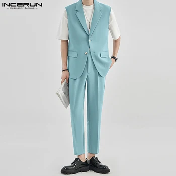 Fashion Men Sets Solid Color Korean Style Lapel Sleeveless Vests & Pants Two Pieces Sets Streetwear 2023 Men Suits S-5XL INCERUN