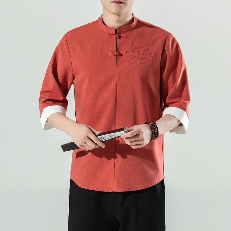 Summer New Chinese Style Linen Men's Casual Short Sleeve Shirt Large Size Cotton Linen Button Embroidery Hanfu Male Clothing