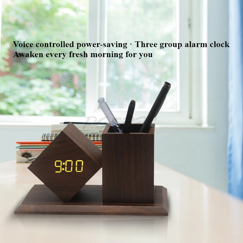 Creative Wood Clock LED Smart Alarm Clock Home Office Desktop Pen Holder Wood Smart Electronic