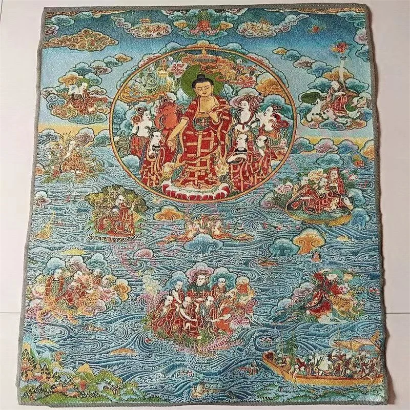 

Thangka, embroidered brocade painting, thousand Buddhas playing in the water, Arhat crossing the river, exquisite home decoratio