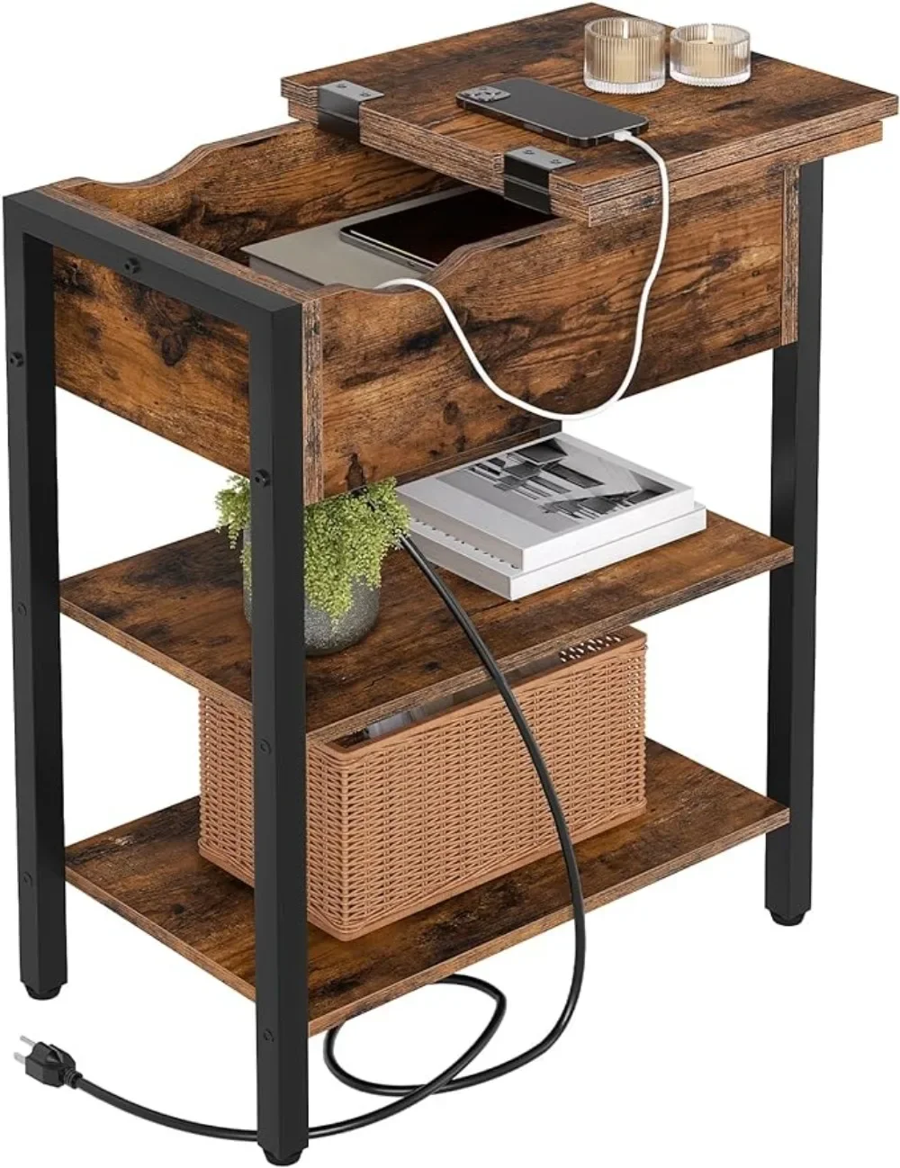 

Side Table, Flip End Table with Charging Station and Shelves, USB Ports & Power Outlets, Narrow Nightstand for Small Spaces,