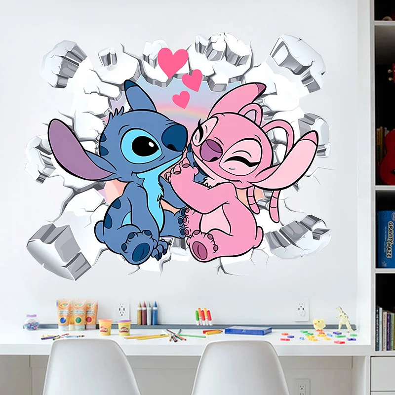 Wall Stickers Luminous Wall Stickers Vinyl Decal Stickers Children Room Decoration 3D Broken Wall Lilo & Stitch Wall Stickers For Kid's Room Kindergarten Living Room Bedroom Decoration Animated Poster