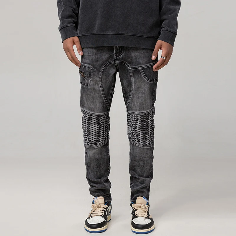 Street Fashion Men Jeans Retro Black Gray Elastic Slim Fit Spliced Biker Jeans Men Wrinkle Patch Designer Hip Hop Pants Hombre