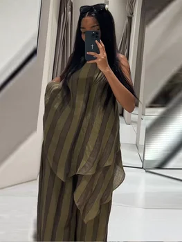 Y2K Green Stripe Long Pant Sets For Women 2026 Spring Summer Halter Vest Top Wide Leg Pant 2 Piece Sets Lady Chic Holiday Outfit 1