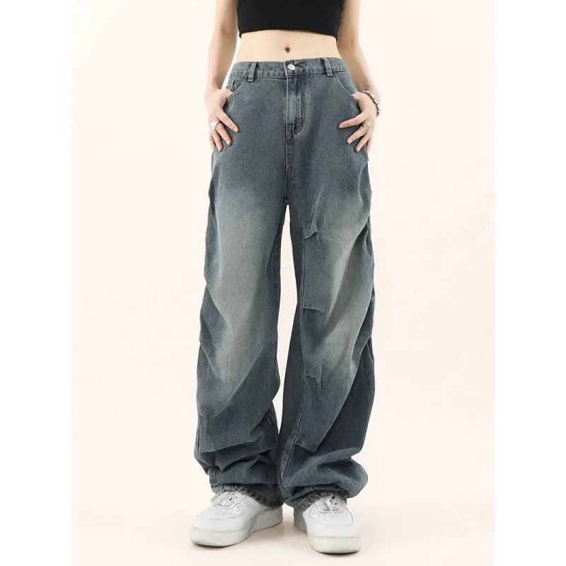 

Синие женские джинсы со складками, прямые мешковатые джинсовые брюки с высокой талией, Европейская и американская мода, женские джинсовые брюки с широкими штанинами Y2K