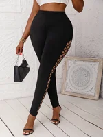 Women's Plus Size Mid-Waist Leggings Sexy Faux Cut-Out Grid Pattern Stretch Knit Pants Comfortable Solid Color Basics Trousers - Image 3