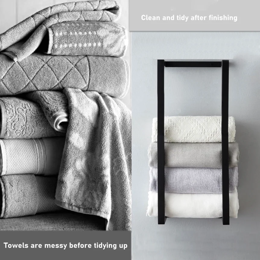 Bathroom towel rack Bath towel storage rack Hotel bathroom roll paper dual use stainless steel black wall hanging