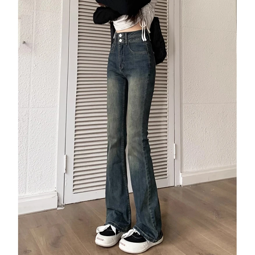 Cement grey micro flare jeans female spring new high-waisted elastic Slim and thin versatile flare horseshoe trousers tide