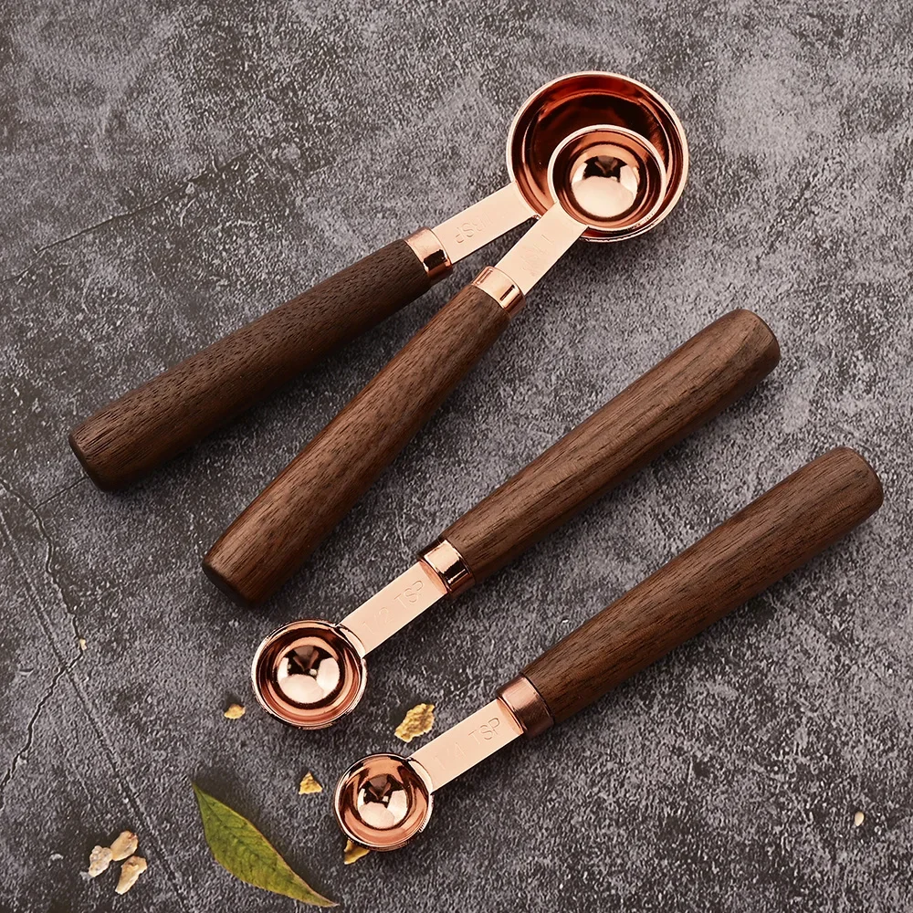 Kitchen Measuring Spoon Set Rose Wooden Handle Stainless Steel