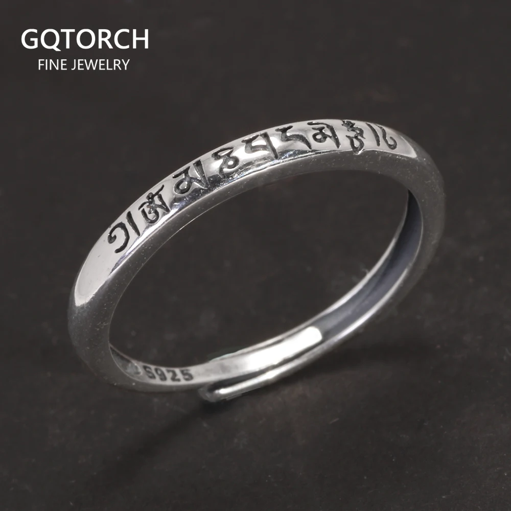 Tibetan Buddha Jewelry 925 Sterling Silver Tail Rings For Women Men Lovers Simple Six Words Om Mani Padme Hum Adjustable Size
