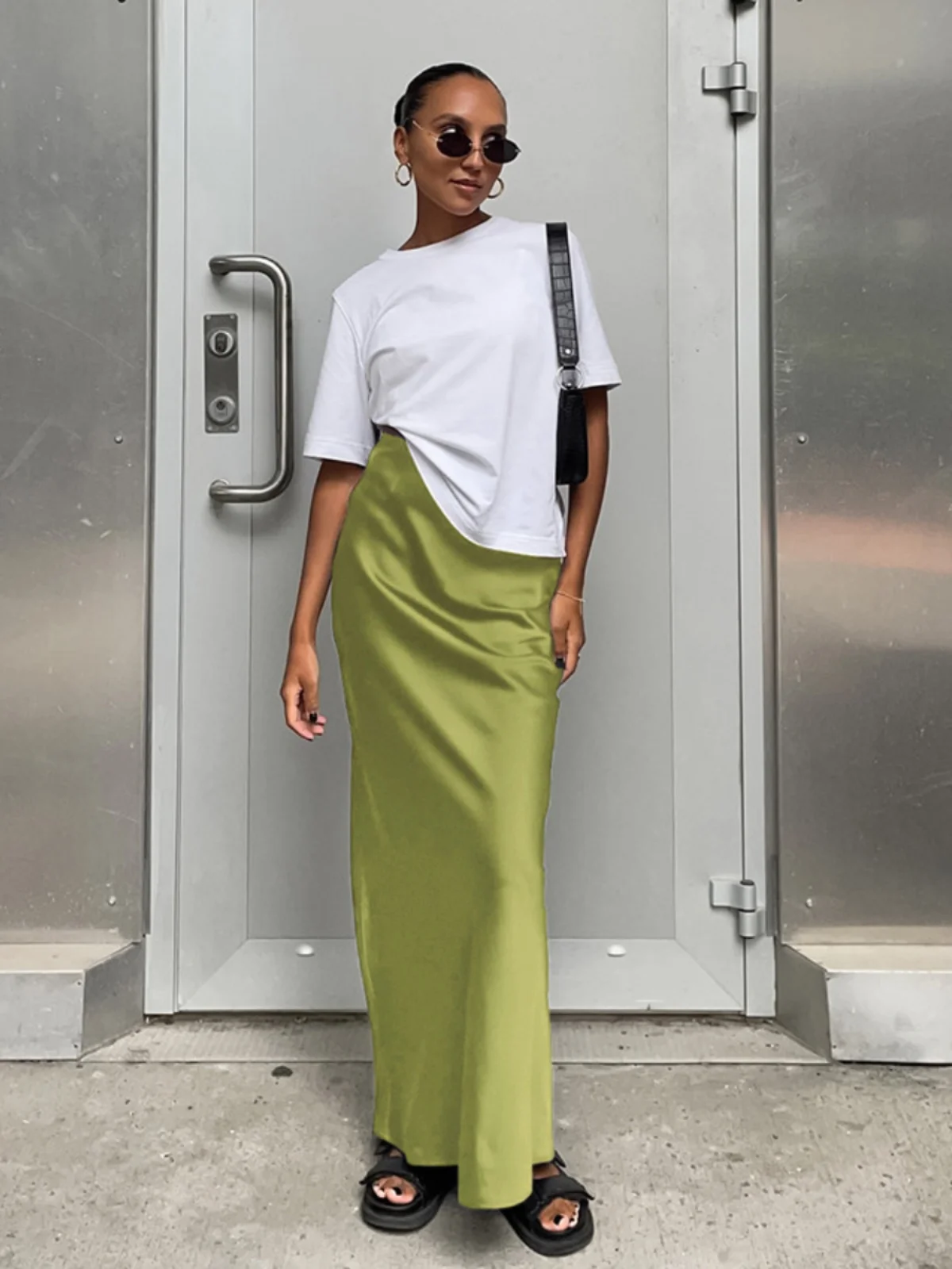 Versatile Pure Color Silk f-length Skirt High-waist Bodycon Long Skirt Spring Summer New Sle Women's Street Sle Polyester