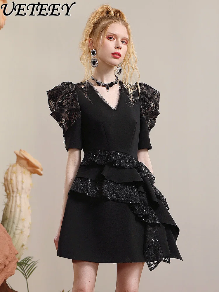 

French Elegant Black Dress Women's Mature Elegant Designer Model Irregular Sequin Lace Ruffled Stitching Puff Short Sleeve Dress