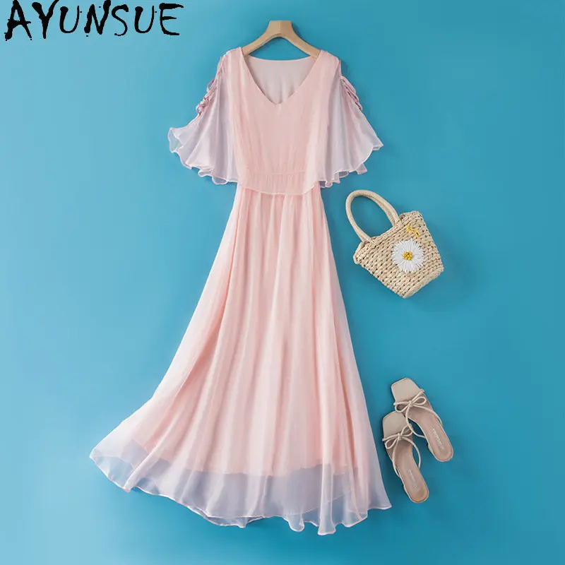 

Female 2023 Summer New Beach Vacation Fairy Dress Women's Clothing 95% Mulberry Silk Long Dresses for Women Vestidos Para Mujer