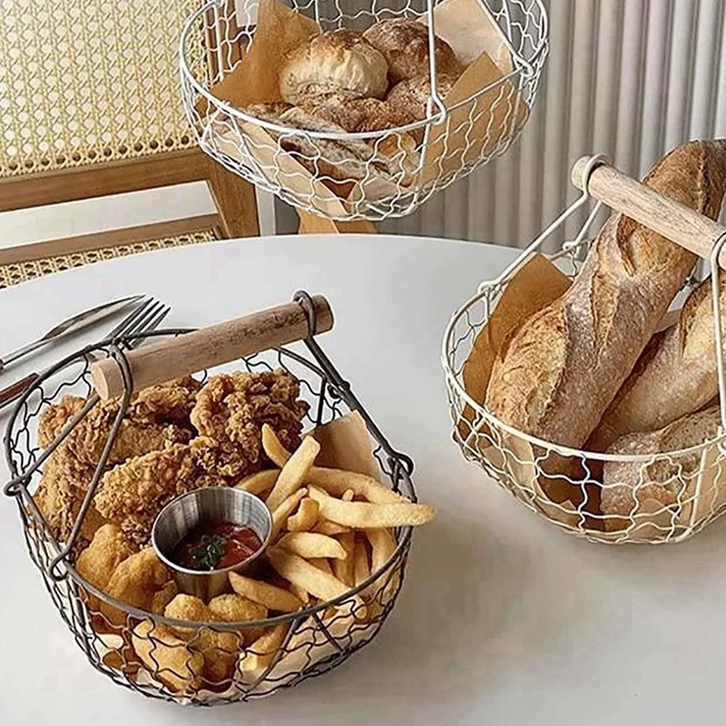 Metal Wire Basket with Wood Handle Decorative Serving Basket for Bread Food Fruit Egg Home Organizer Kitchen Storage Fruit Bins 2