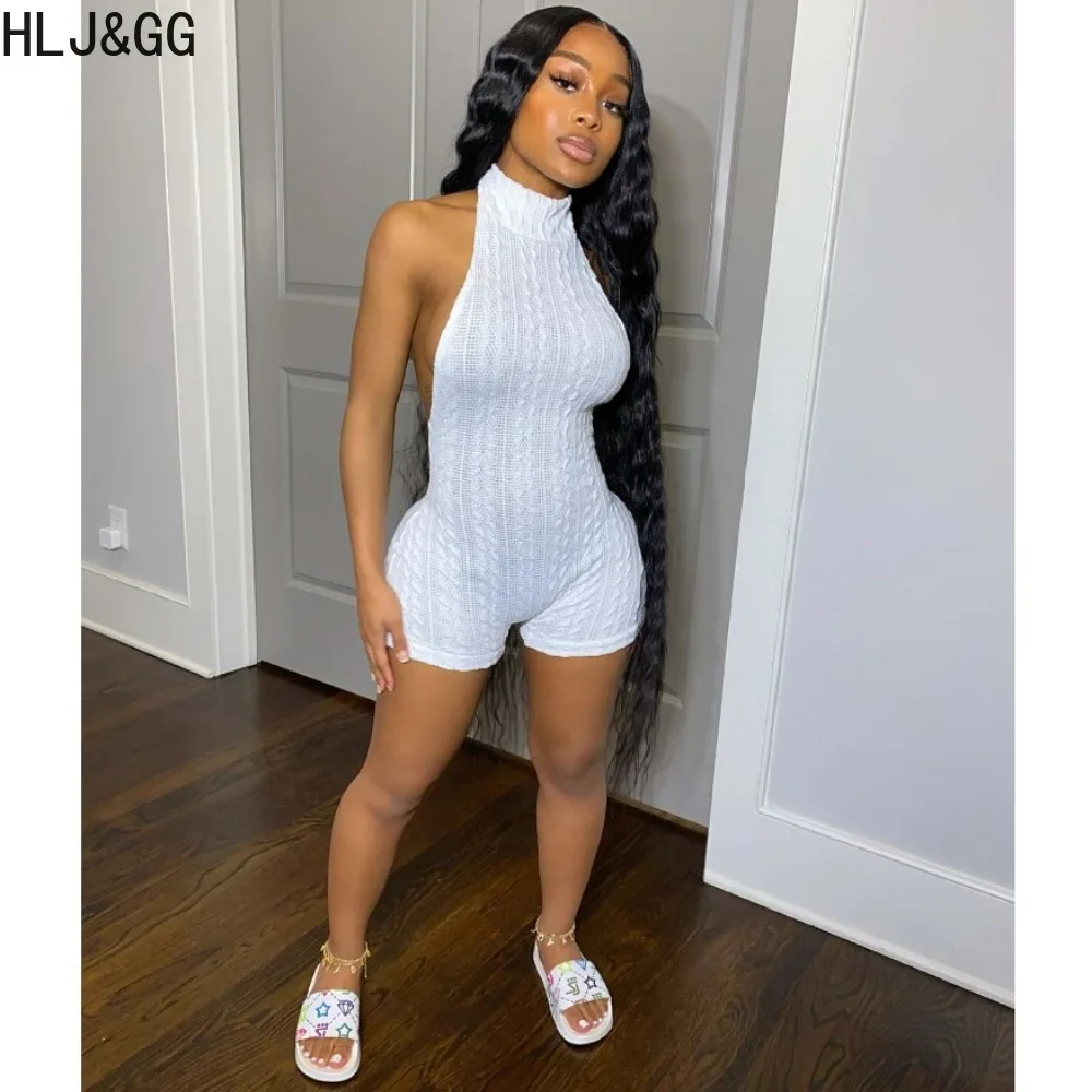 HLJ&GG White Fashion Solid Ribber Halter Backless Bodycon Rompers Women Sleeveless Slim Jumpsuits Sexy Lady Matching Streetwear