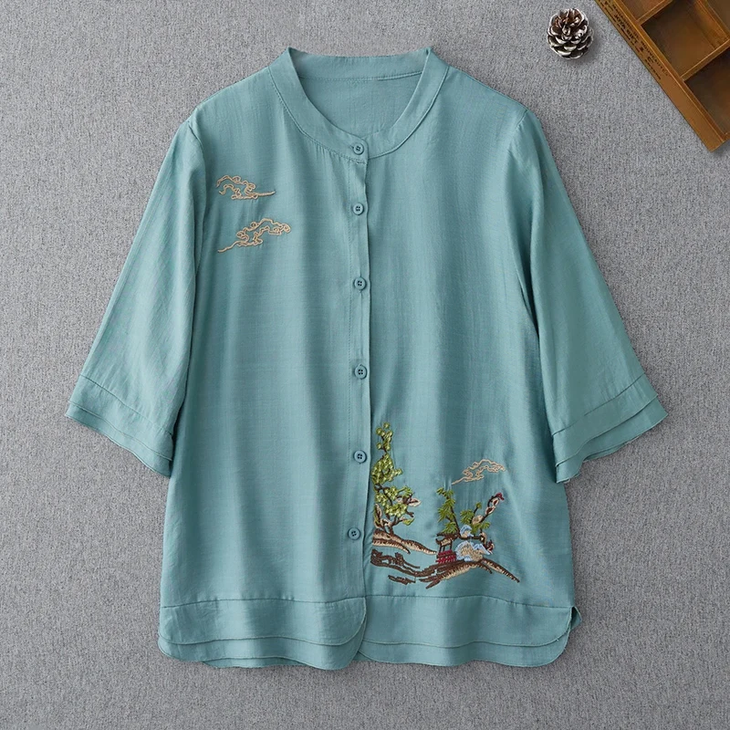 2024 New Retro Embroidery Summer Cotton and Hemp Thin Women's Round Neck Fashion Style Short Sleeve Loose Button Shirt Tops