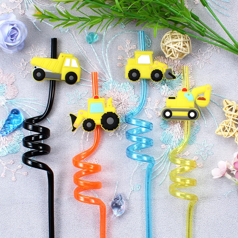 Deluxe Construction Vehicle-Themed Reusable Straw Set - Perfect for Parties & Gatherings, 12-Piece Collection