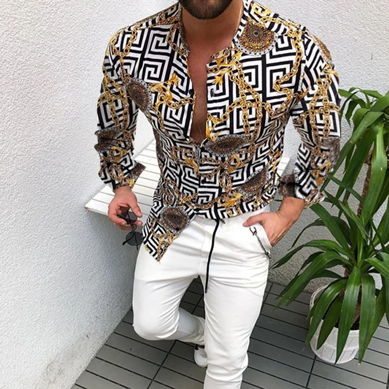 2024 Spring and Autumn Men Casual Fashion Print Long Sleeve Henry Collar Shirt S-3XL new men s short sleeve shorts boutique two piece set of solid color henry jacket sports elastic shorts men s suit wholesale