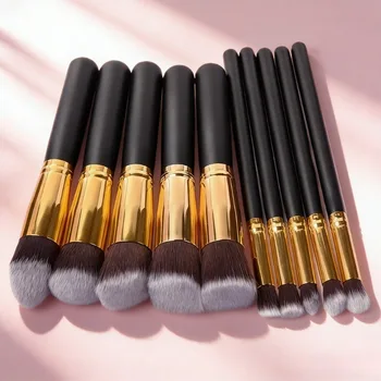 Set di 10 Pennelli per Trucco, Adatti per Fondotinta, Fard, Ombretto, Polvere Correttiva, Cosmetici, Strumenti di Bellezza Neri