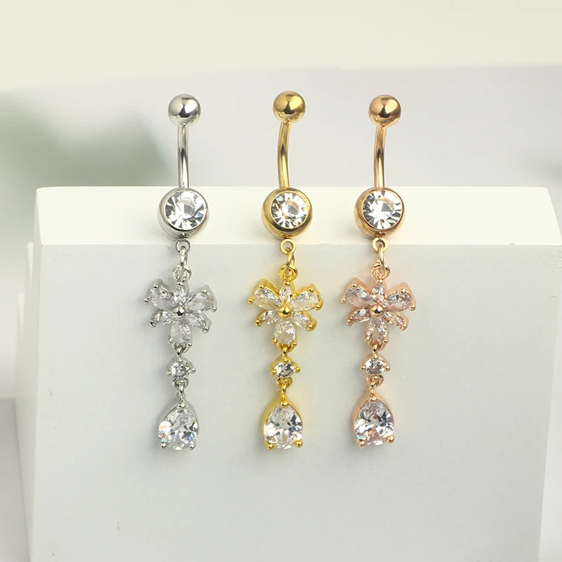 14G Surgical Steel Belly Button Rings Round/Love Heart Clear CZ Navel Curved Barbell Studs Sexy Body Piercing dangle navel pierc