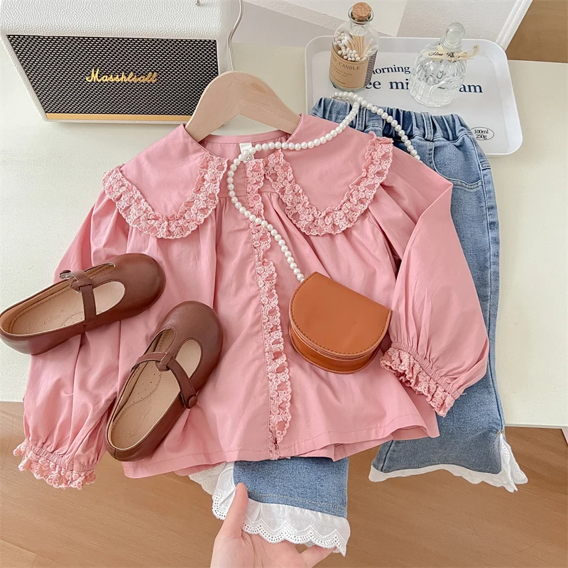 

1-8Y Kids Girls Long Sleeve Ruched Pink Loose Shirt+Split Lace Flare Denim Pants Sets 2Pcs Children Spring Autumn Clothing Suits