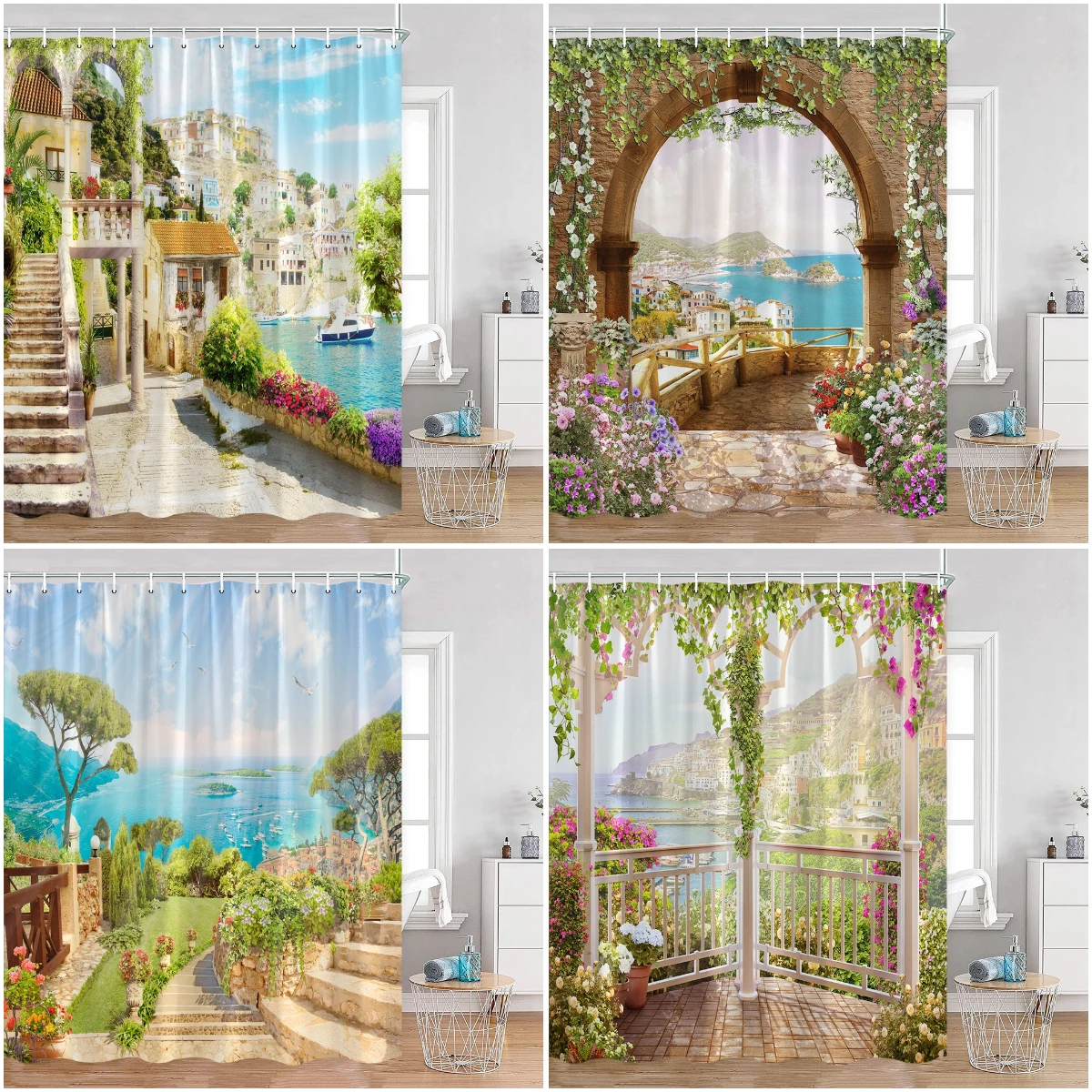 

European Garden Shower Curtains Balcony Flowers Island Green Vine Sea Scenery Vintage Bathroom Decor Mediterranean Bath Curtains