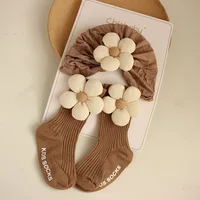 0-12M Infant Accessories Cute Flower Spring Autumn Cotton Newborn Baby Bebe Girl Hat Socks Two Pieces Set 3