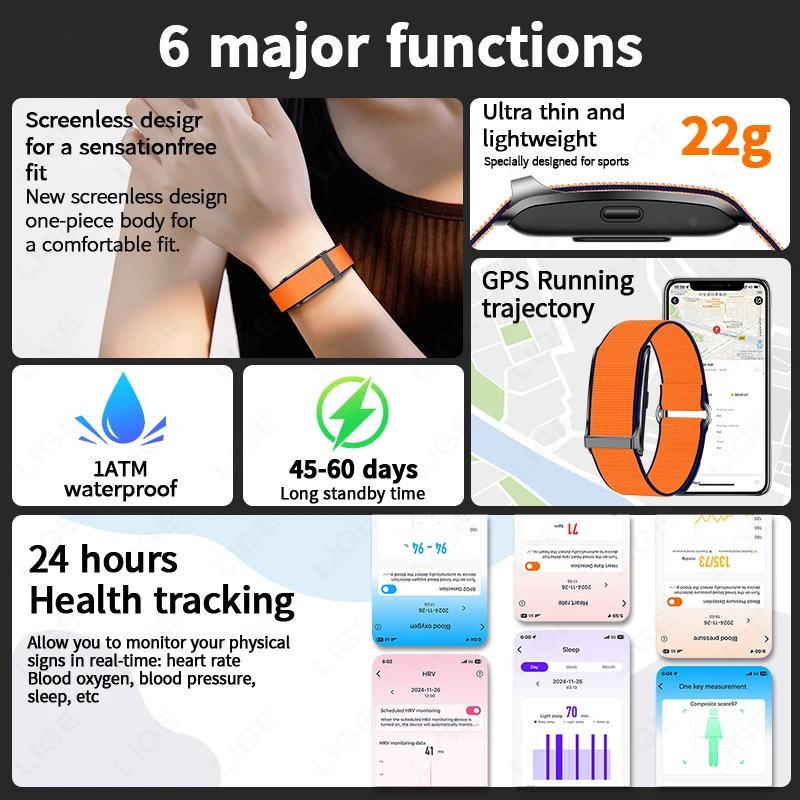 LIGE New No screen Smart Watch GPS trajectory 20-day Ultra-long Use Blood Oxygen Blood Pressure Monitoring Sports Smart Bracelet
