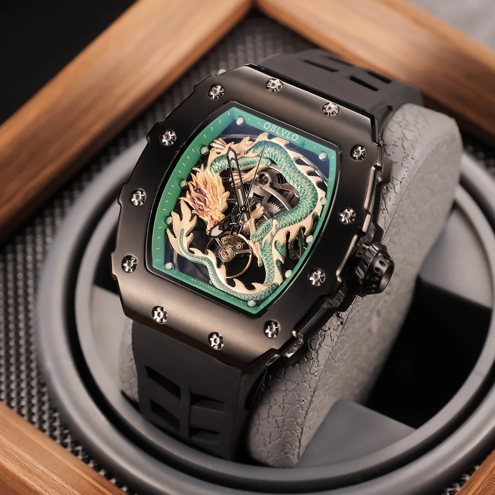 

OBLVLO New Style Green Dragon PVD Automatic Watch Tonneau Analog Waterproof Rubber Self-wind Watch Reloj Hombre Montre XM-DRAGON