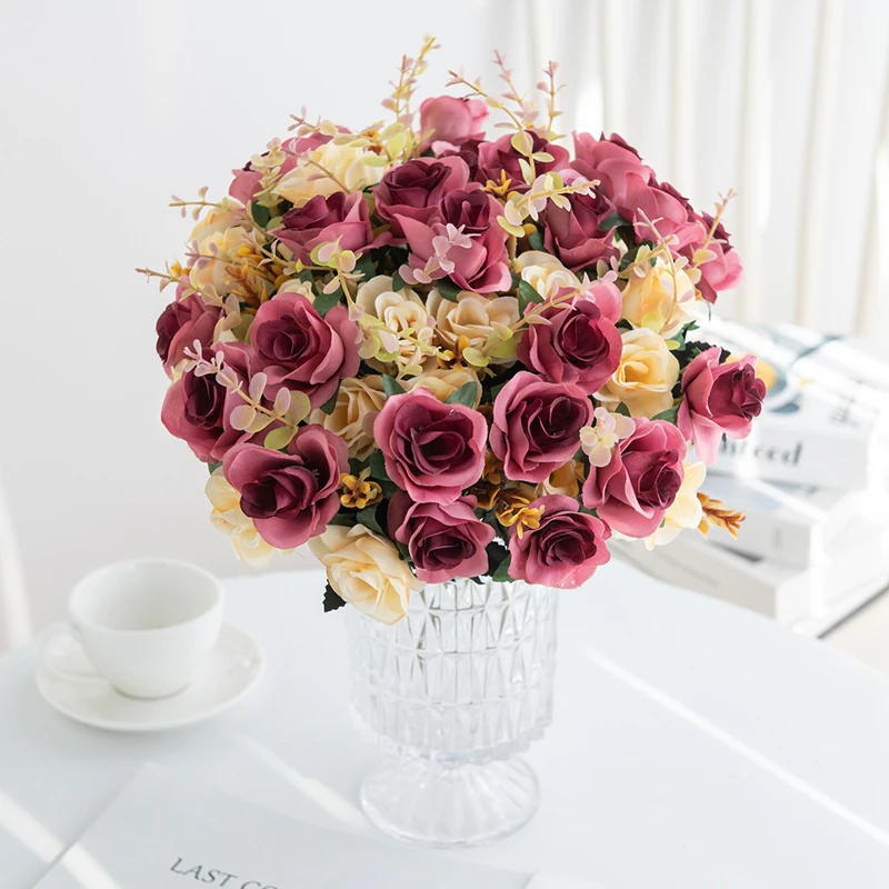 12 Mazzi Di Rose Artificiali In Seta Per Matrimonio E Casa - Bouquet Di Mini Rose E Ortensie Per Centrotavola E Vasi - 2