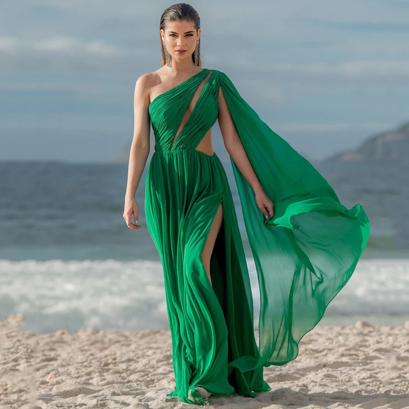 

UZN Sexy A-Line Prom Dress Formal One Shoulder Chiffon Evening Dress High Split Saudi Arabia Dubai Party Prom Gowns Custom Size