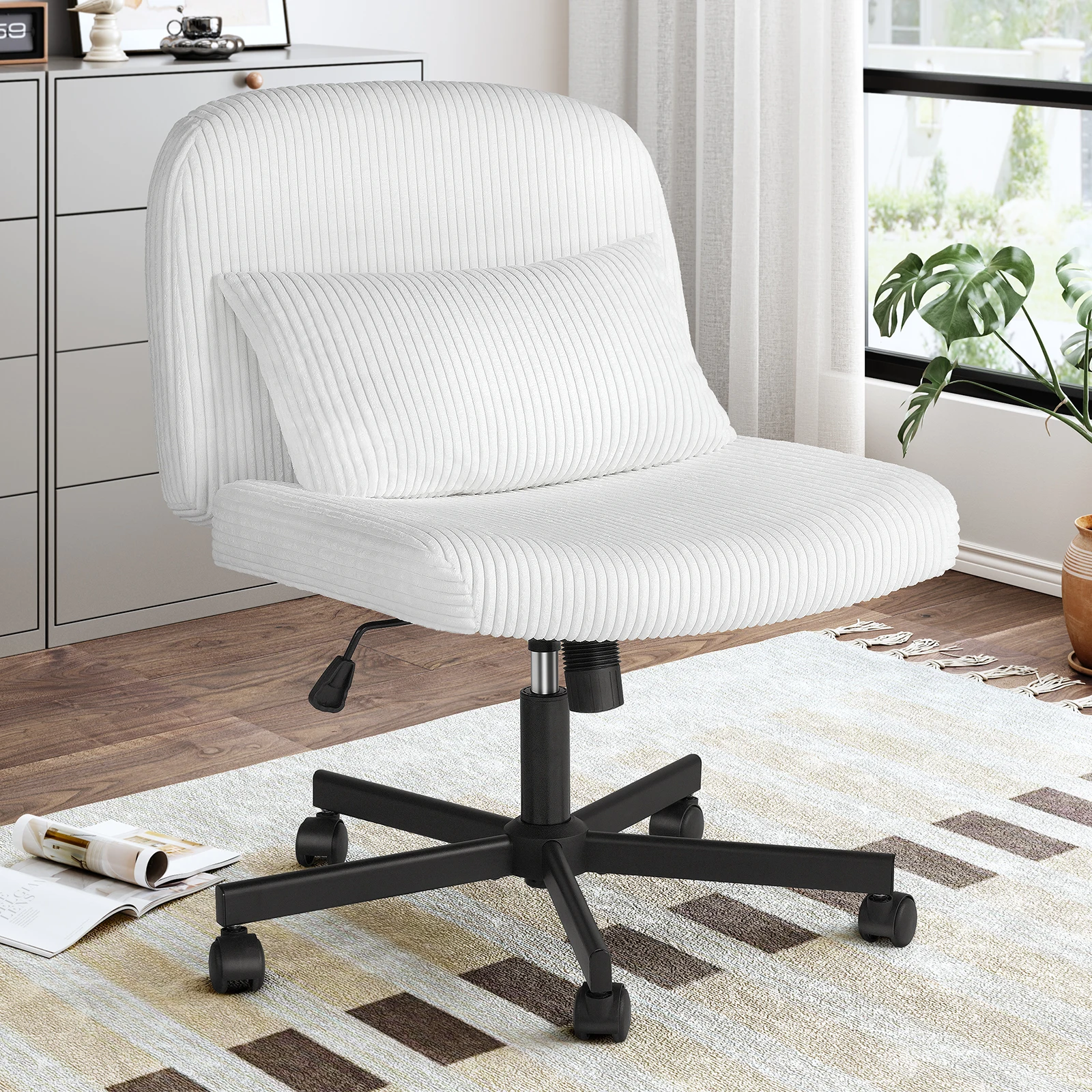 Massage Cross Leg Office Chair w/ Double Layer Sponge Cushion,Corduroy/Pearl Velvet Wide Armrest Desk Chair Mid Back Adjustable 6