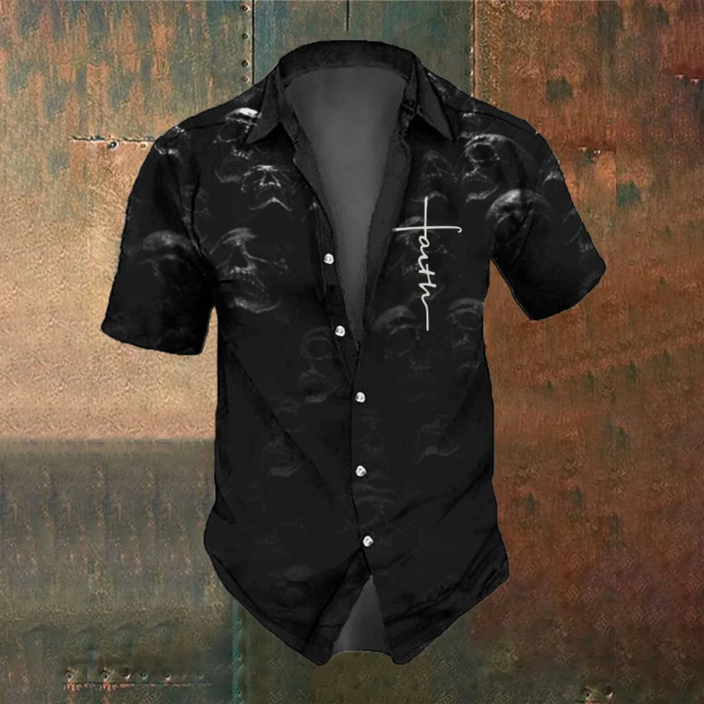 Men's Short-Sleeved Shirt Summer Fashion Retro Horror Skull Print Street Casual Trend Men's Shirt Oversized Tops SIZE S-5XL 5