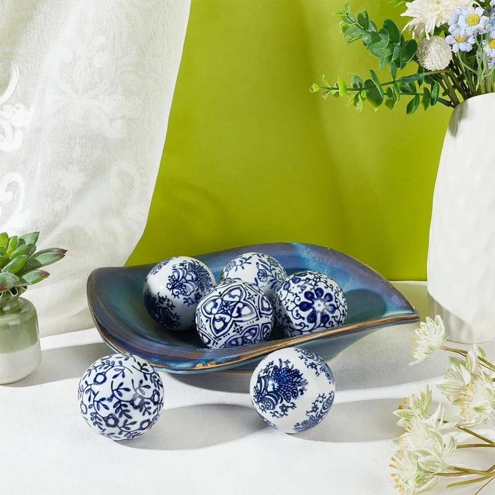 Blue and White Porcelain Balls 6Pcs Handmade Porcelain Beads 2.4 Inch Decorative Ball 2mm Hole Floating Ceramic Orbs