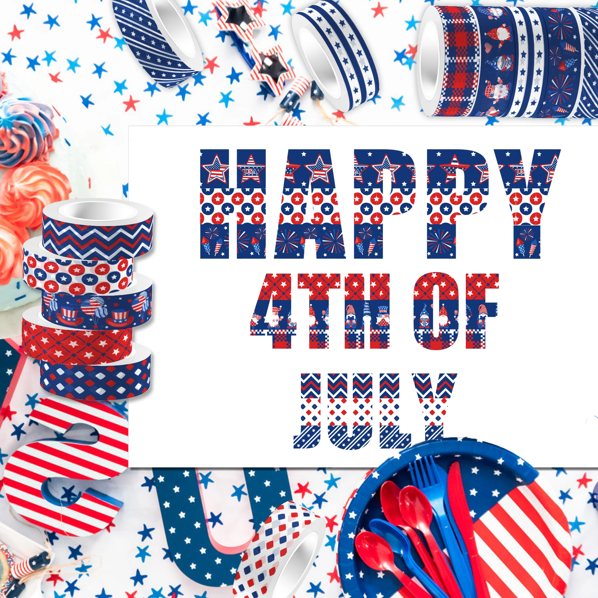 

12pcs/set USA Carnival Happy Independence Day Party Adhesive Tapes Students Handbook Material Labels July 4th Day Decorations