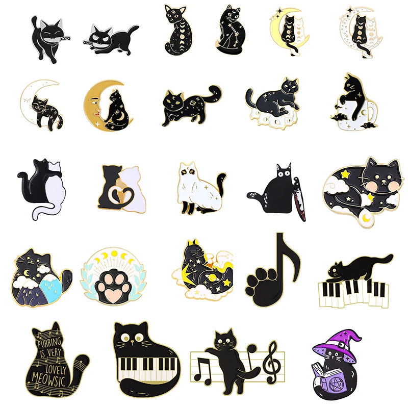 Spilla Gatto Spilla Gatto Nero Cappello Mago Di Halloween Coppia Gatto Sole Luna Spilla Gatto Nero Bianco Gatto Lega Smalto Distintivo Spille