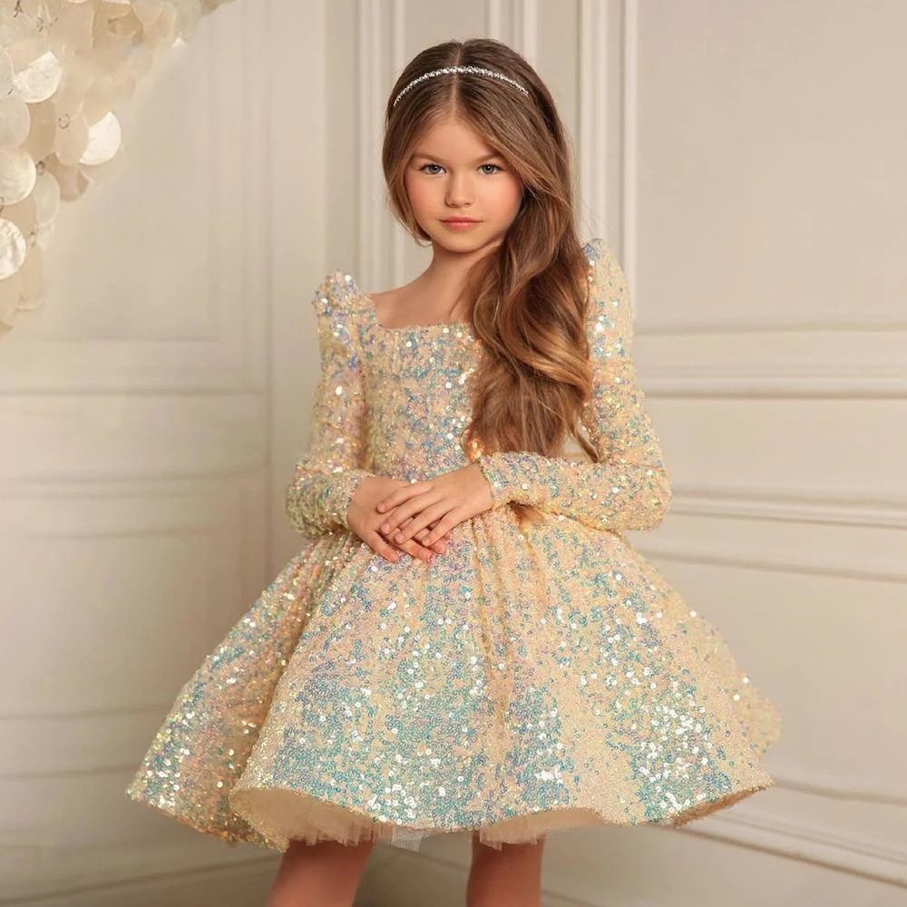 Glitter Sequin Fluffy Flower Girl Dress Princess Elegant Bow First Communion Dress Little Bride Dress Girl Birthday Dresses