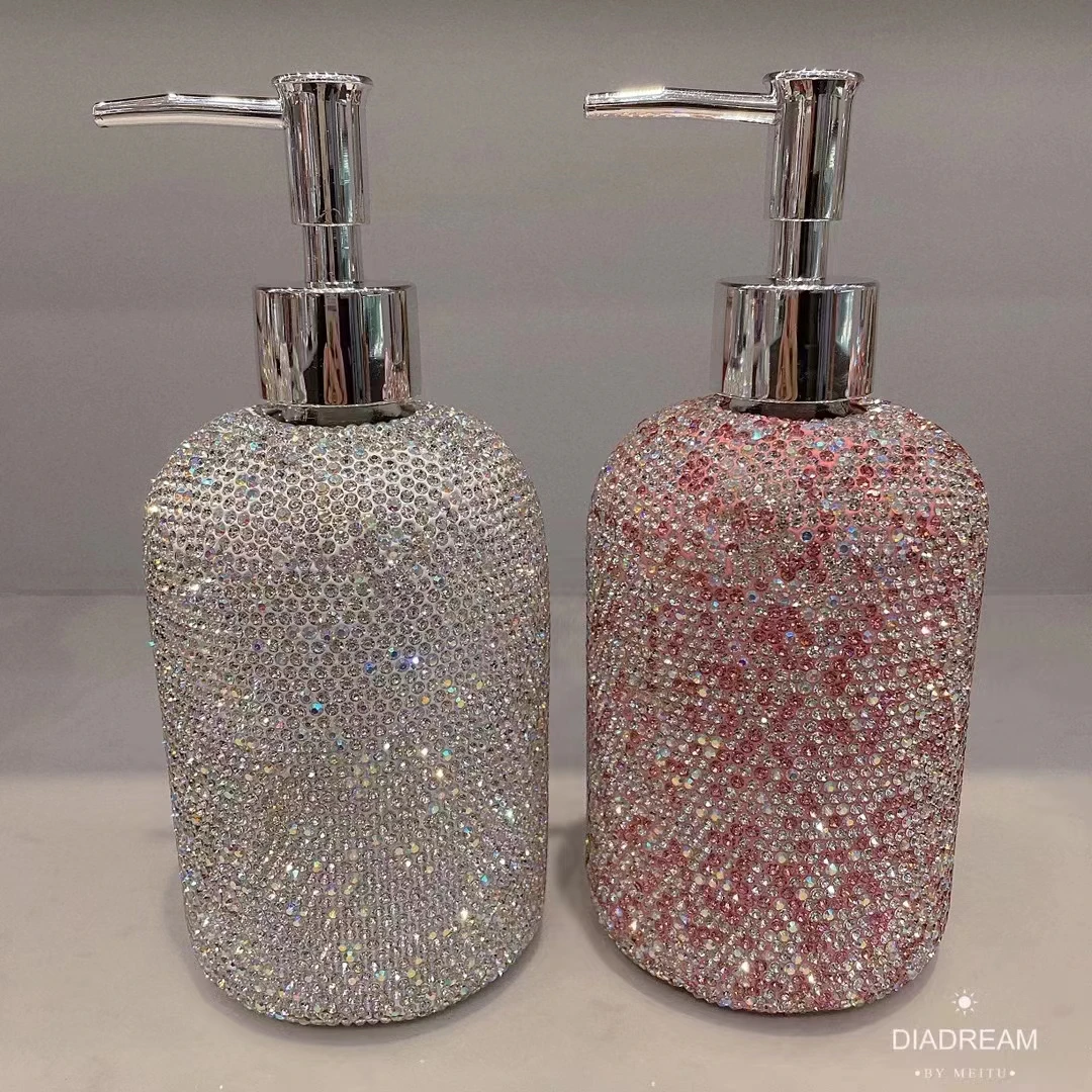 Bling Diamond Hand Sanitizer Bottle 500ml Glass Bathroom Soap Shampoo Shower Gel Dispenser Liquid Lotion Refill Press Head Pink 4