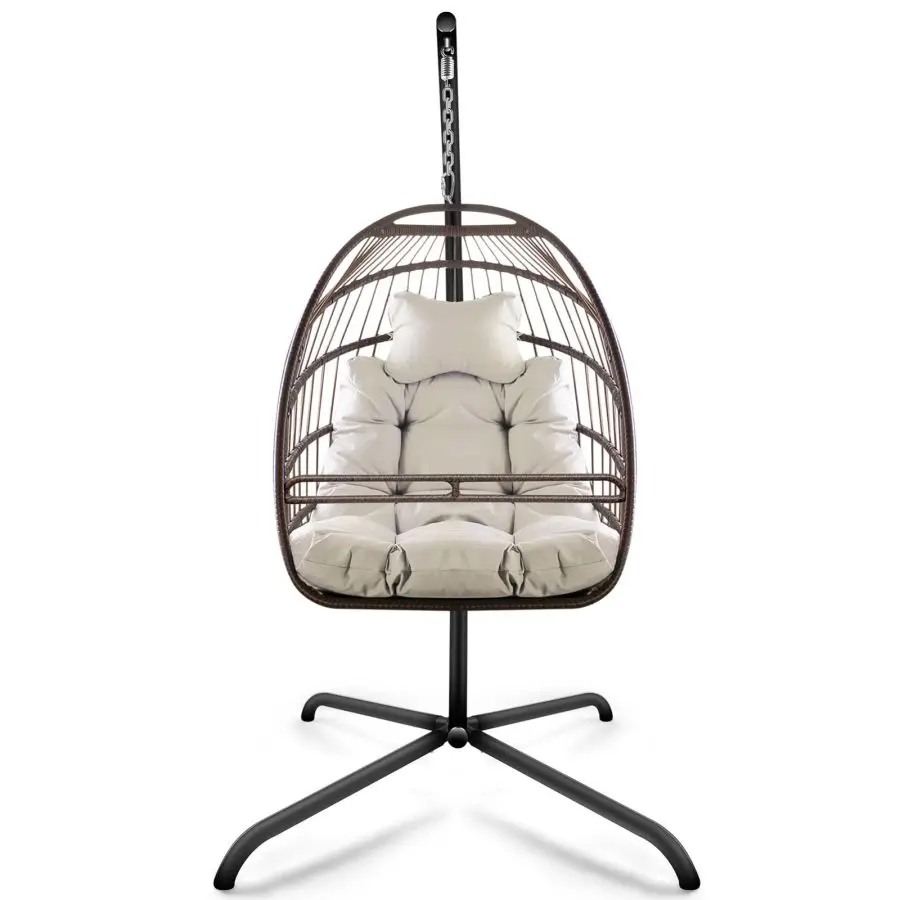 Swing Egg Chair with Stand Indoor Outdoor Wicker Rattan Patio Basket Hanging Chair with C Type bracket with cushion and pillow 2